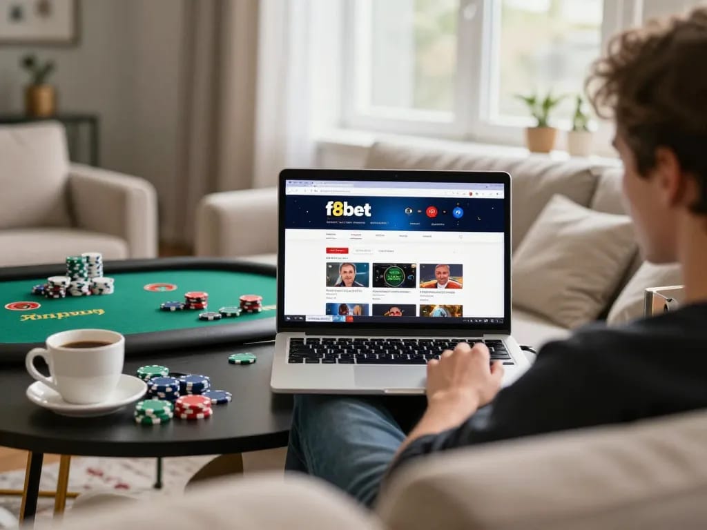Engaging online casino play at f8bet on a laptop in a cozy home atmosphere.