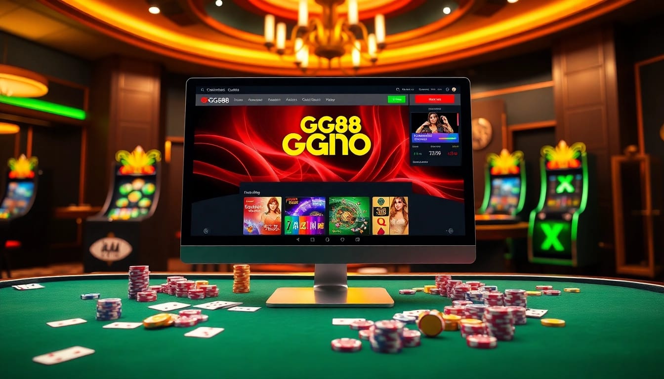 GG88 online gambling interface with vibrant casino tables, poker chips, and warm lighting.
