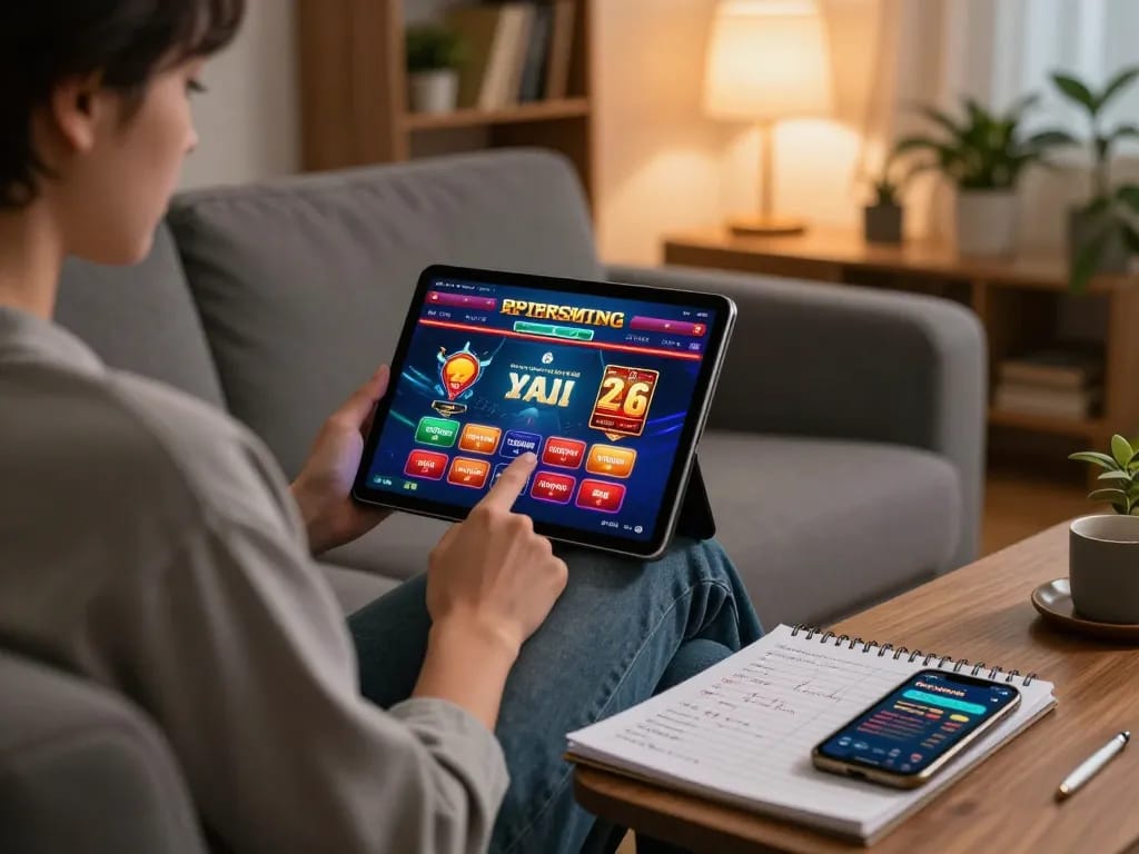 Person engaged in online gaming on tablet, strategizing betting with 888b app in a cozy home.