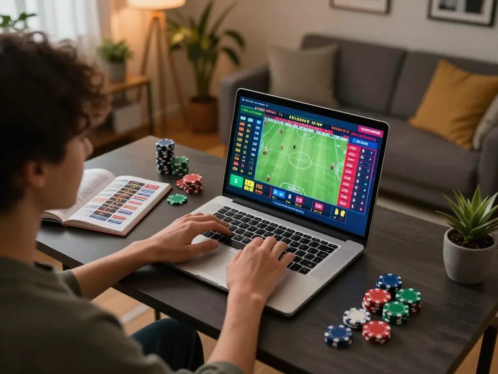 Engaged gambler placing bets on 99ok with live sports odds displayed on laptop at home