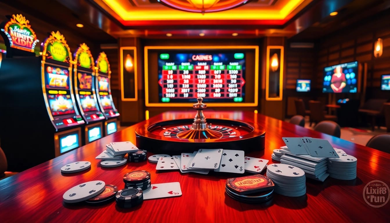 A lively gambling scene showcasing the vibrant offerings of https://lixi88.run/, featuring slot machines and a roulette wheel.