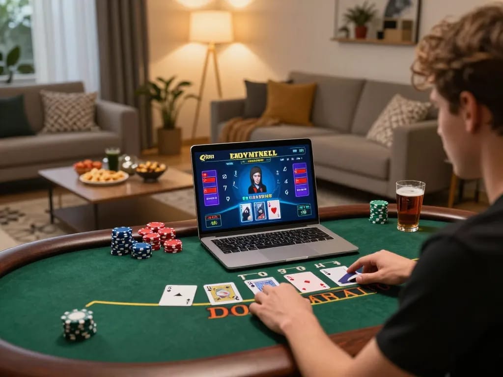KK55 player enjoying exciting live dealer blackjack in a cozy home setup, emphasizing responsible gaming