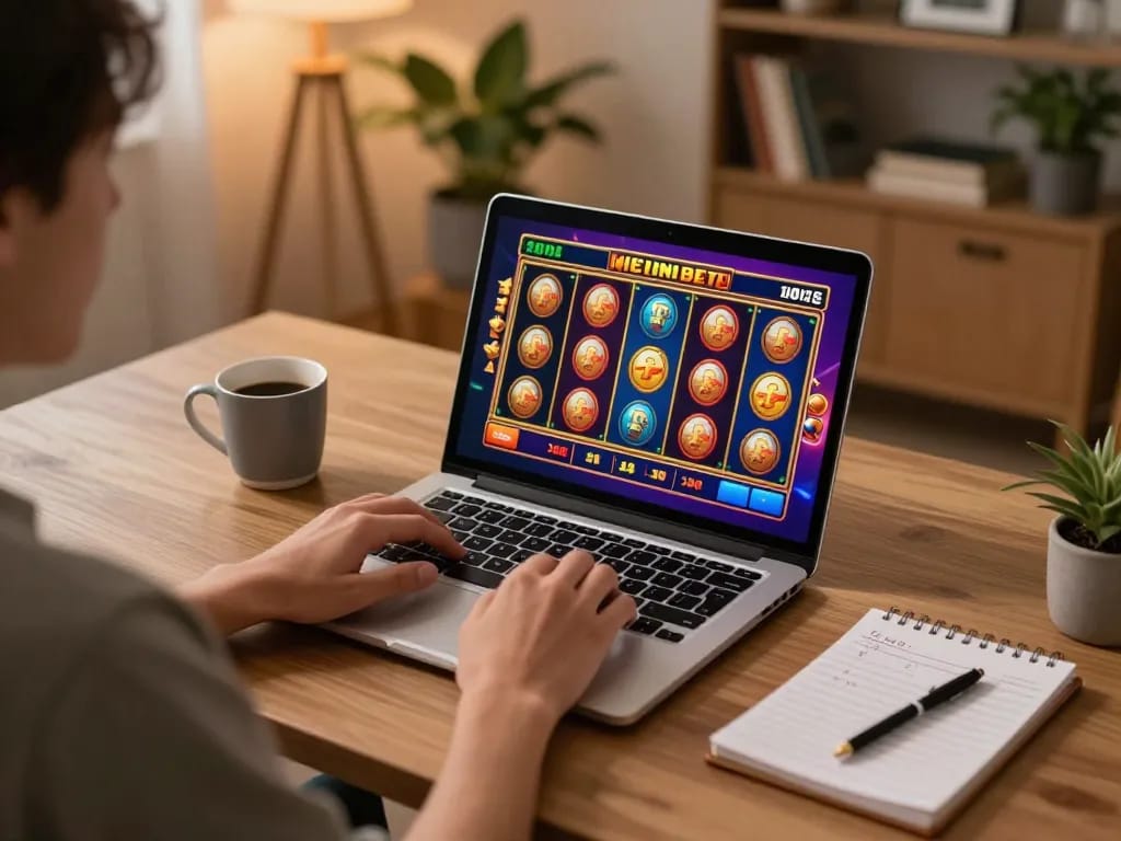 Engaged player using nhà cái mm88 for an online slot game at home, cozy setting with warm lighting.