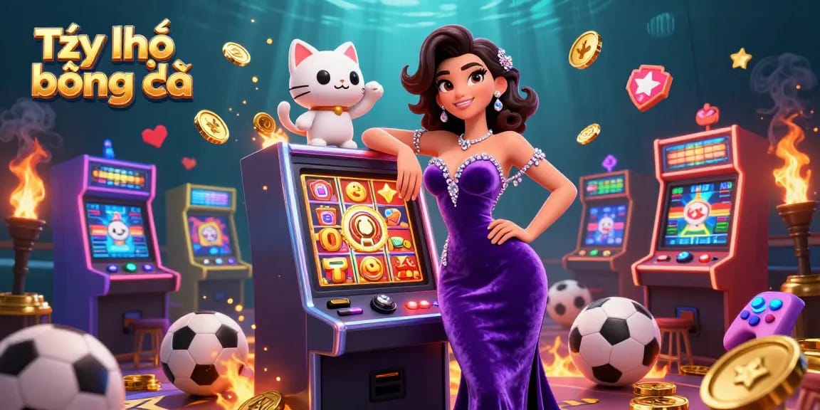 Tỷ lệ bóng đá scene featuring a glamorous woman, jackpot slot machine, and vibrant sports betting elements.