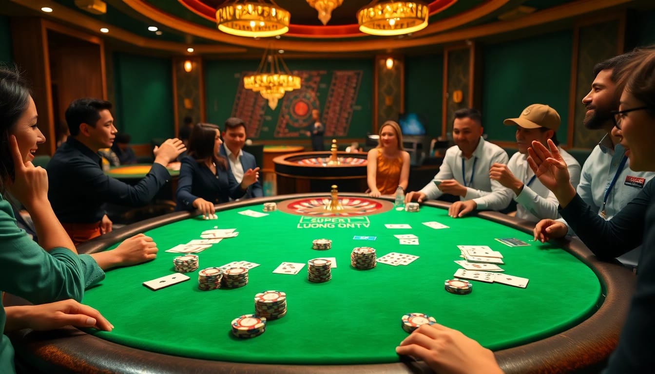 Gamblers enjoying a thrilling poker game at luongsontv's premier online casino experience.