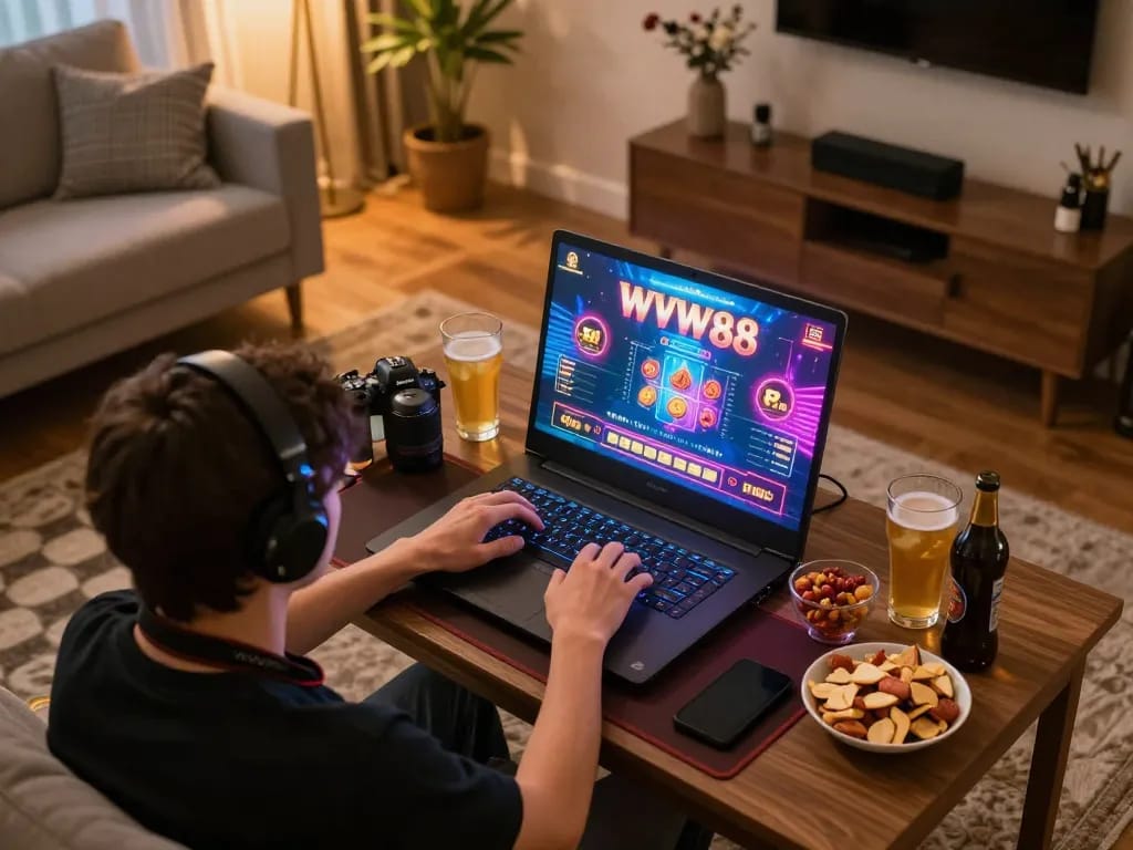 Engaging in online gameplay at WW88, showcasing home setup and comfortable atmosphere