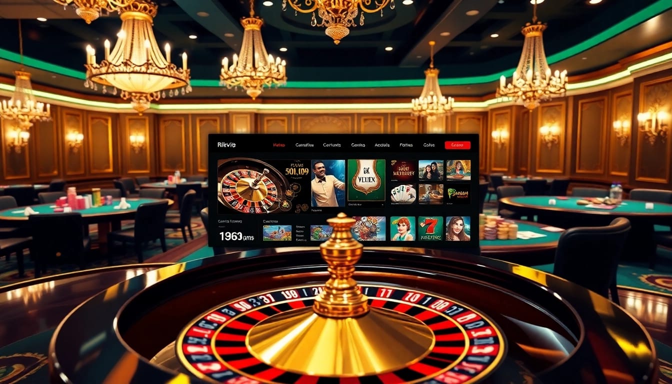 Experience high-stakes gaming at rikvip368.com featuring luxurious casino tables and a spinning roulette wheel.