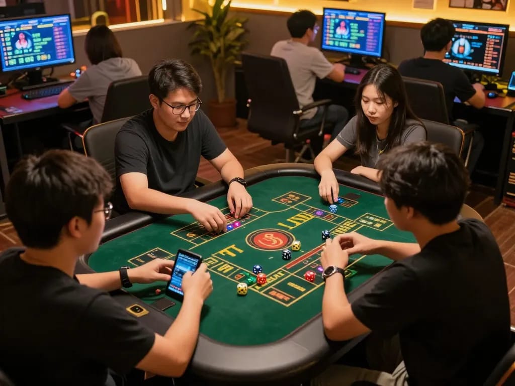 Tai xỉu online players excitedly rolling dice in a vibrant gaming room.