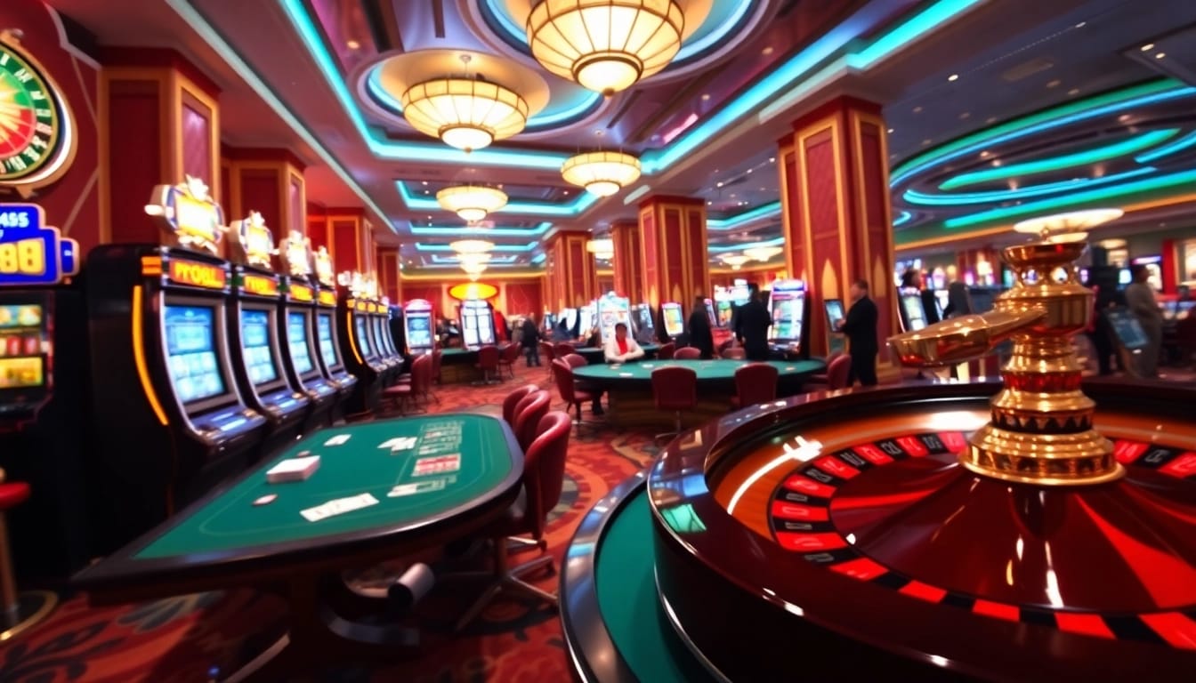 Exciting casino scene with players engaging in various games at 789club, showcasing luxury and thrill.