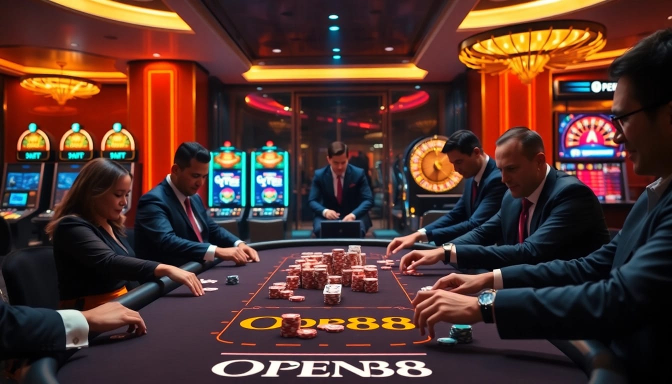 Experience high-stakes action at OPEN88's luxurious poker table with vibrant chips and cards.