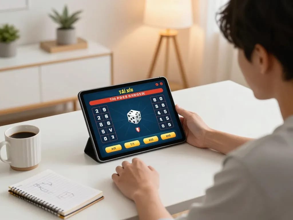 Player engaging in tài xỉu online betting with tablet, showcasing dice outcomes and strategy.