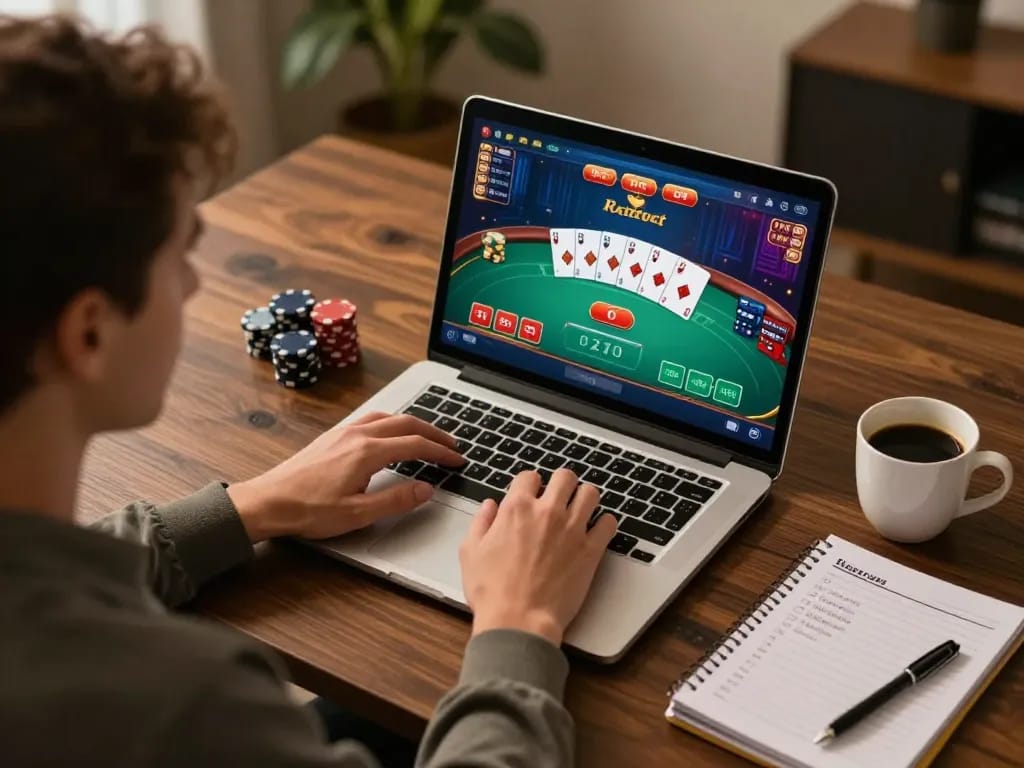 Engaging online poker gameplay on 78winvina's platform, showcasing a vibrant interface and cozy atmosphere.