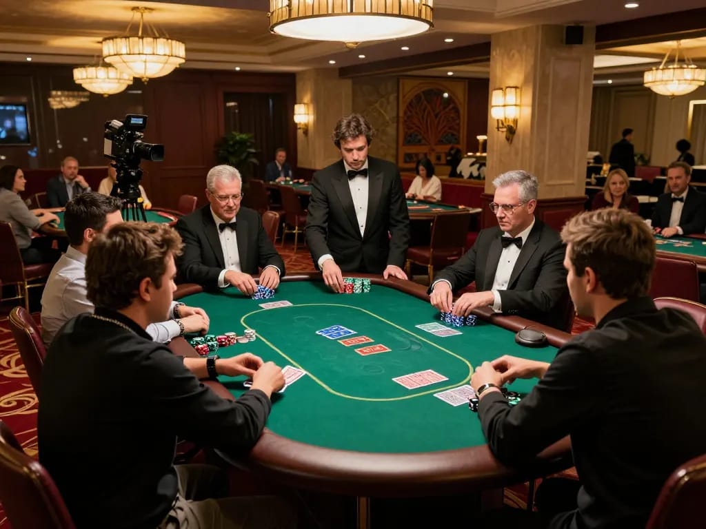 Participants engage intensely in a competitive poker game at Onbet casino, capturing the excitement of strategic gameplay.