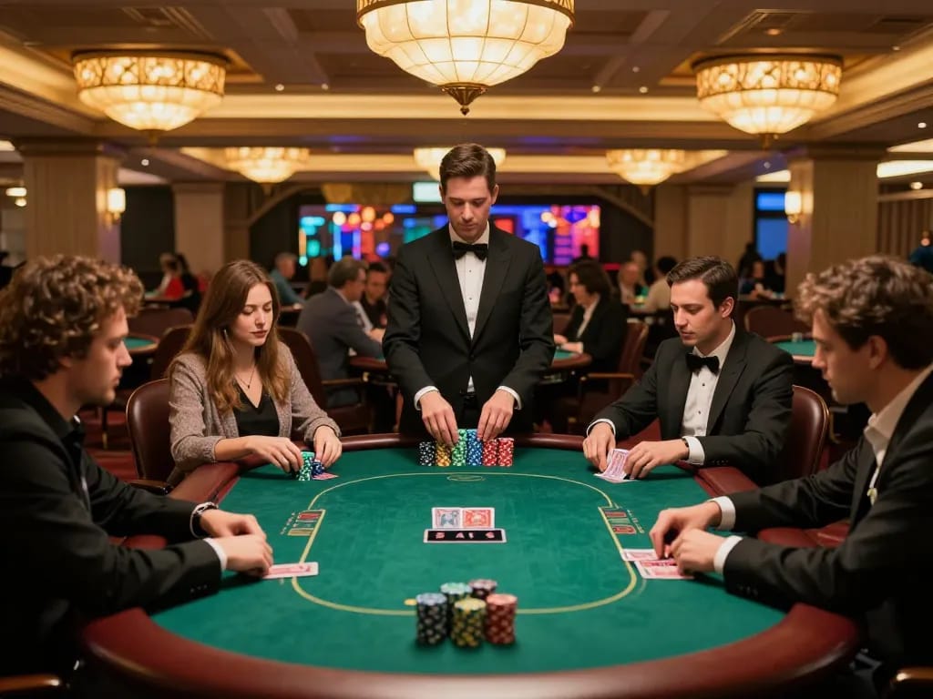 Players strategizing at a high-stakes poker table in VA88 casino, showcasing competition and excitement