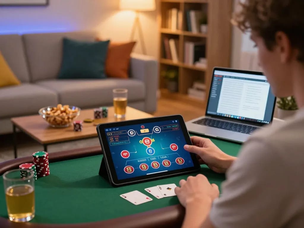 Engaging in online blackjack at home with cm88 com tablet interface visible, cozy setting.