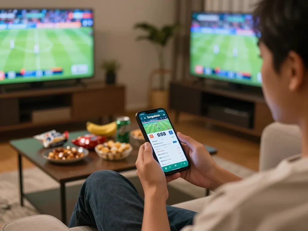 Engaging in sports betting using sungaitoto app on smartphone during a lively game night atmosphere