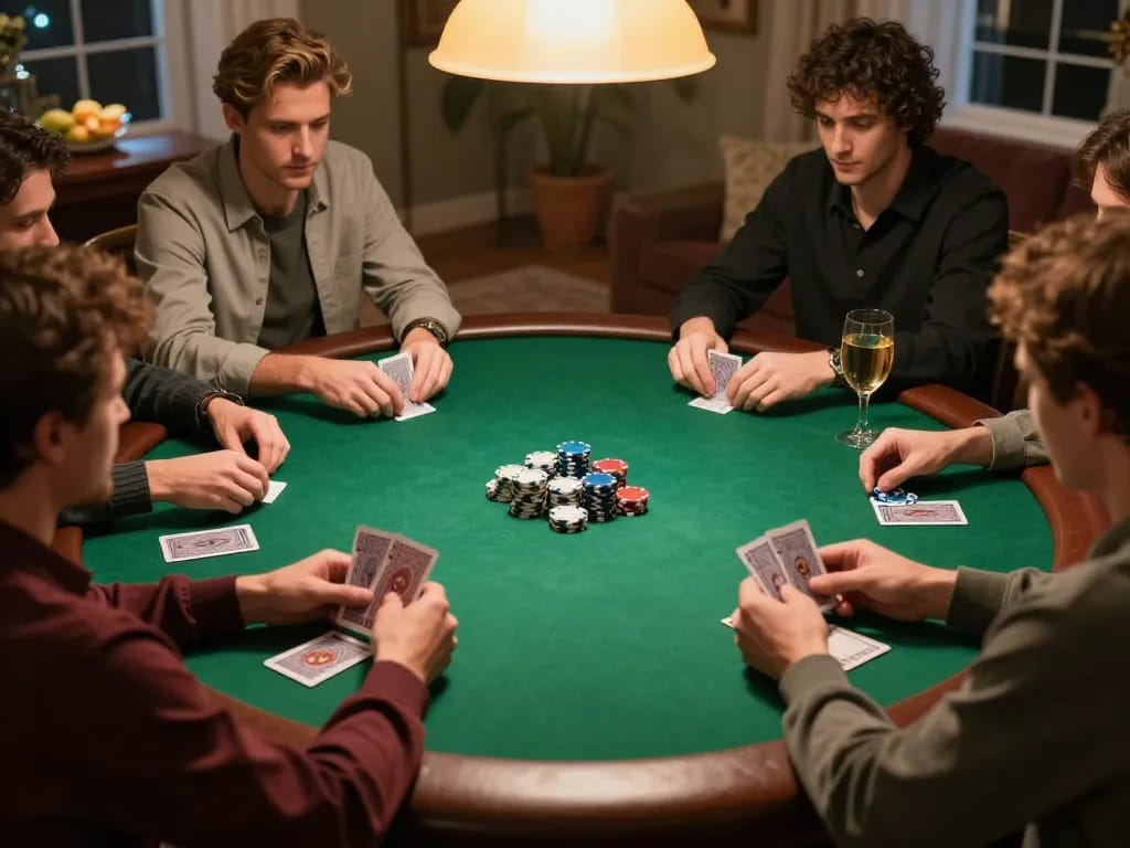 A lively home poker night with players strategizing their next move while enjoying the thrill of gambling with hu.