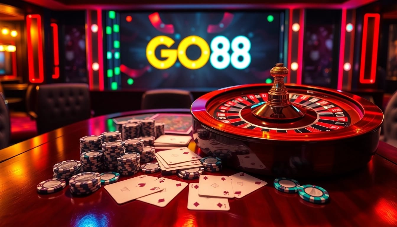 Engaging gamblers at GO88 with a vibrant casino scene featuring roulette and poker elements.