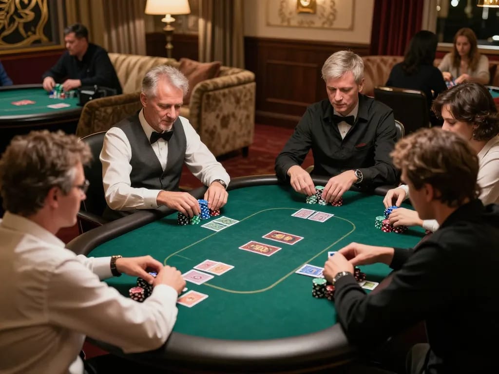 gmnc poker players strategizing on a luxurious table with vibrant decor and stacked chips
