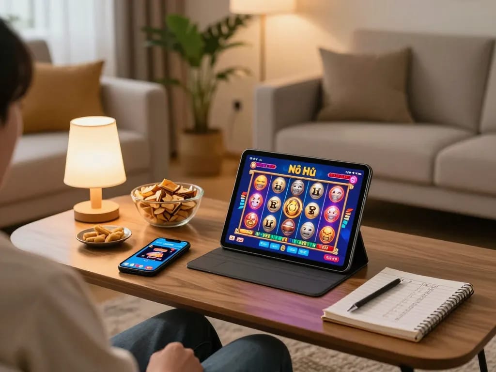Nổ hũ gameplay on tablet in cozy home setting, showcasing interactive elements and strategic elements.