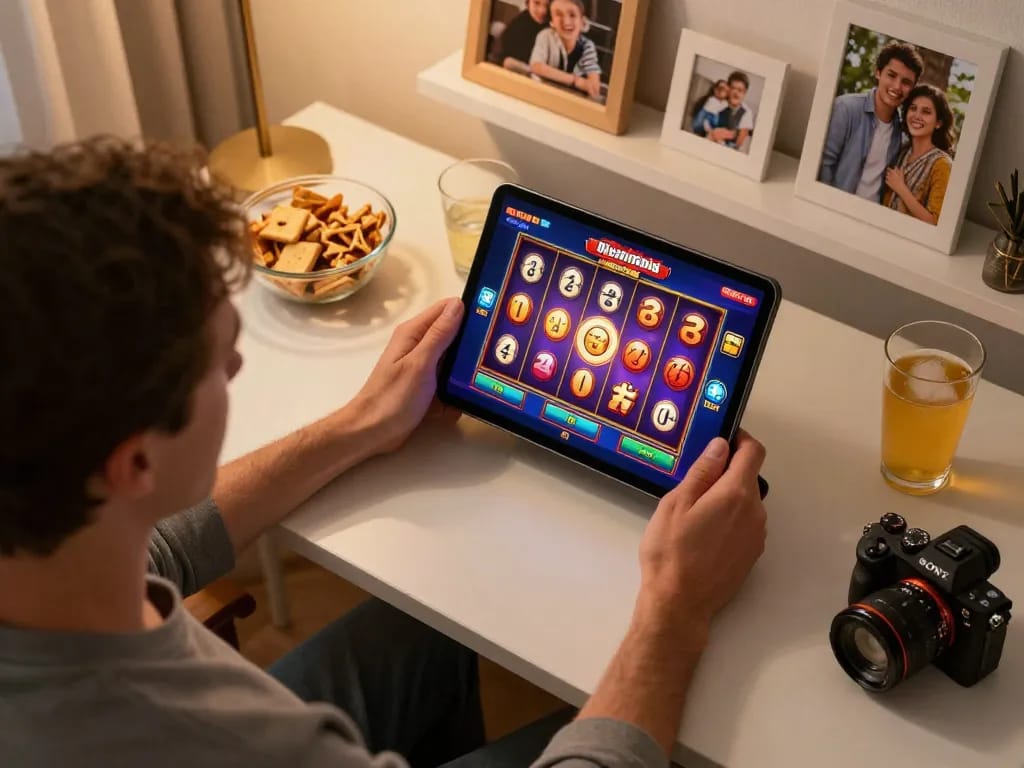 Player engaging with vibrant tg8 slot game interface on a tablet at a cozy home setup.