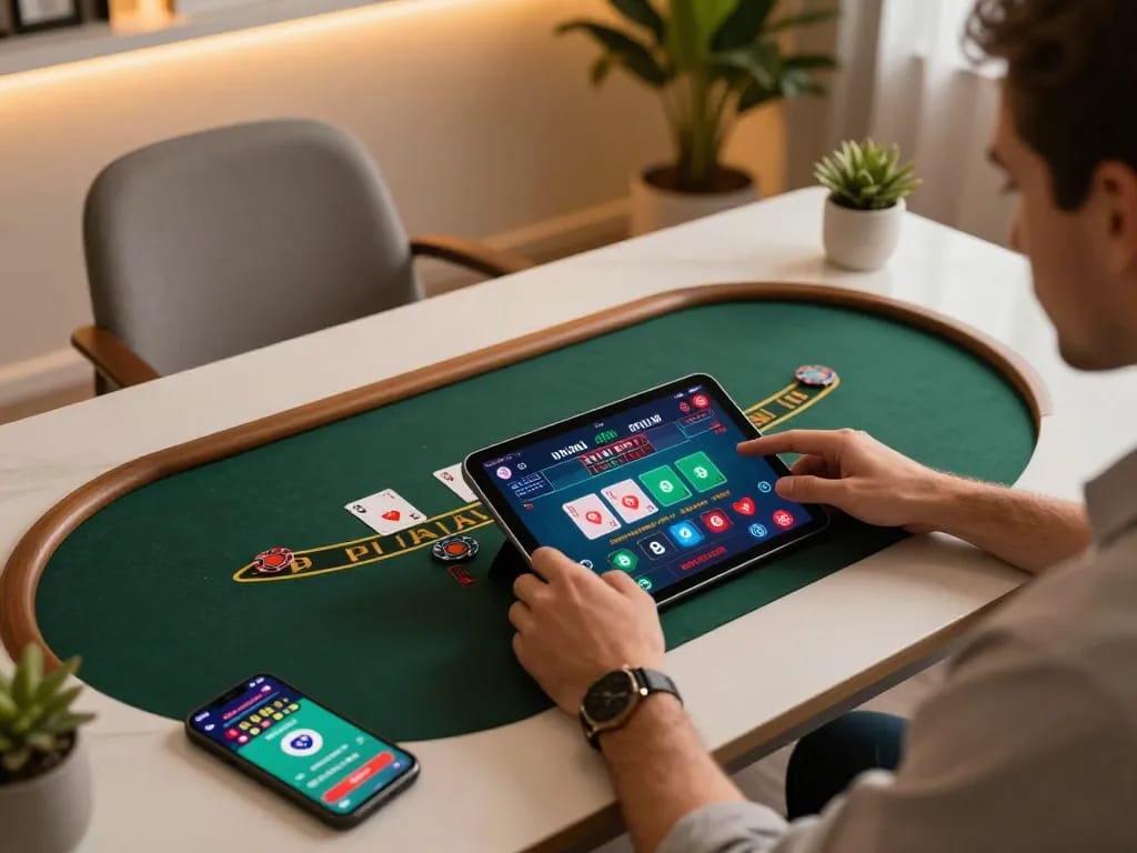 Engaging in live dealer blackjack with FLY 88 on a tablet in a modern workspace environment.