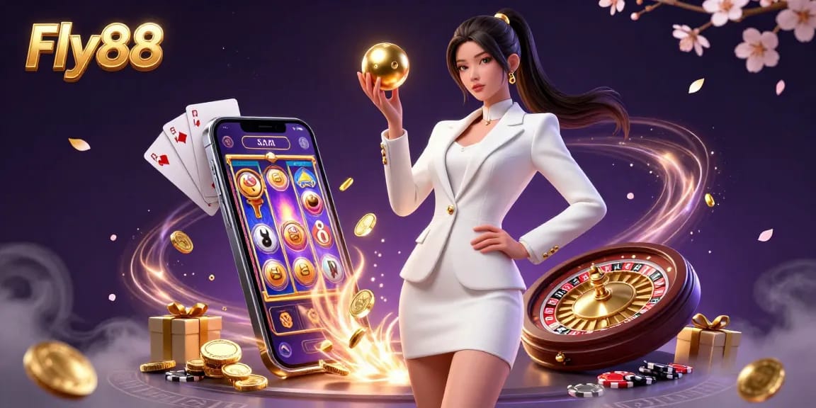 Experience the excitement of Fly88 with a gorgeous woman holding a roulette ball in a vibrant 3D casino scene.