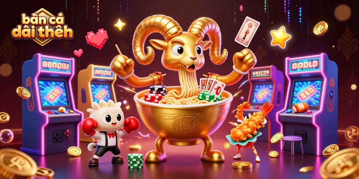 Experience thrilling bắn cá đổi thưởng action with vibrant 3D characters and arcade elements in this digital casino scene.