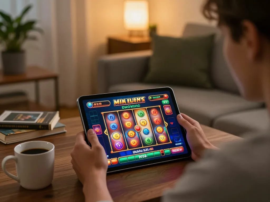 Person immersed in online slots gameplay at https://n188.build/, showcasing engaging interface in a cozy environment.