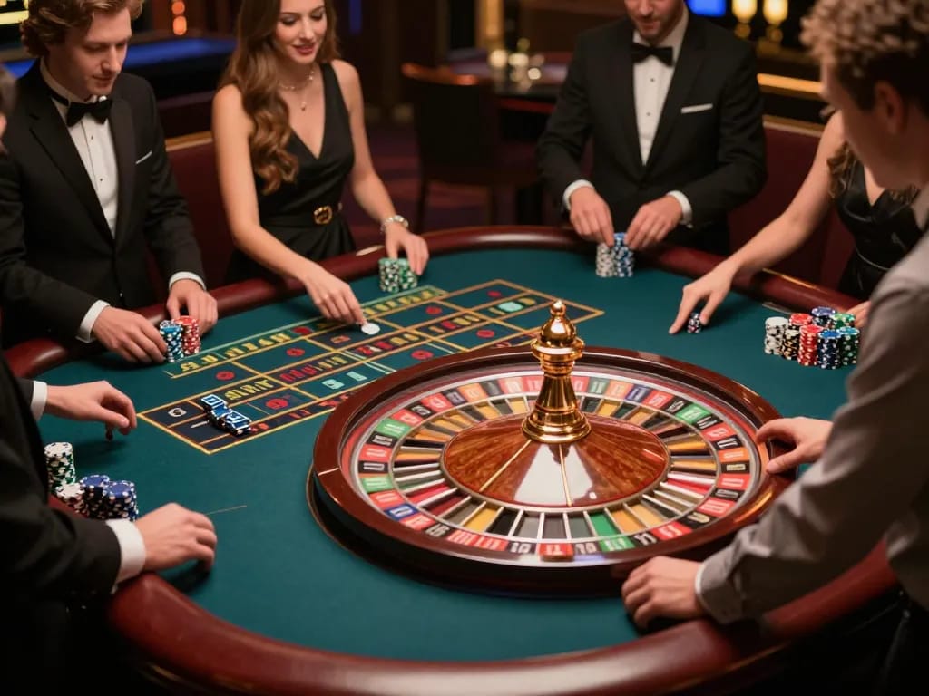 Experience the thrill at KWIN's roulette table with players actively betting and the wheel spinning.