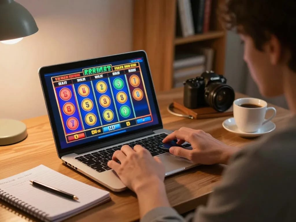 Engaged player enjoying TT88 slots on smartphone with notebook beside coffee cup.