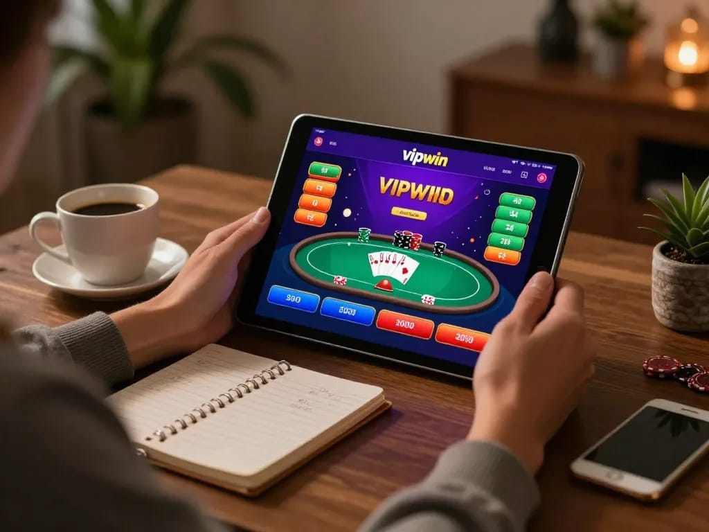 Experience online gaming excitement with Vipwin using a tablet displaying vibrant casino action and betting options.