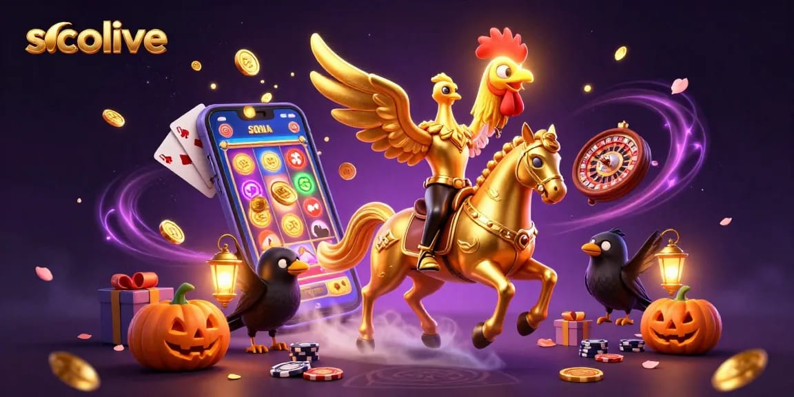 Socolive immerses viewers in a vibrant casino scene with a golden rooster and crow companions, showing dynamic slots action.