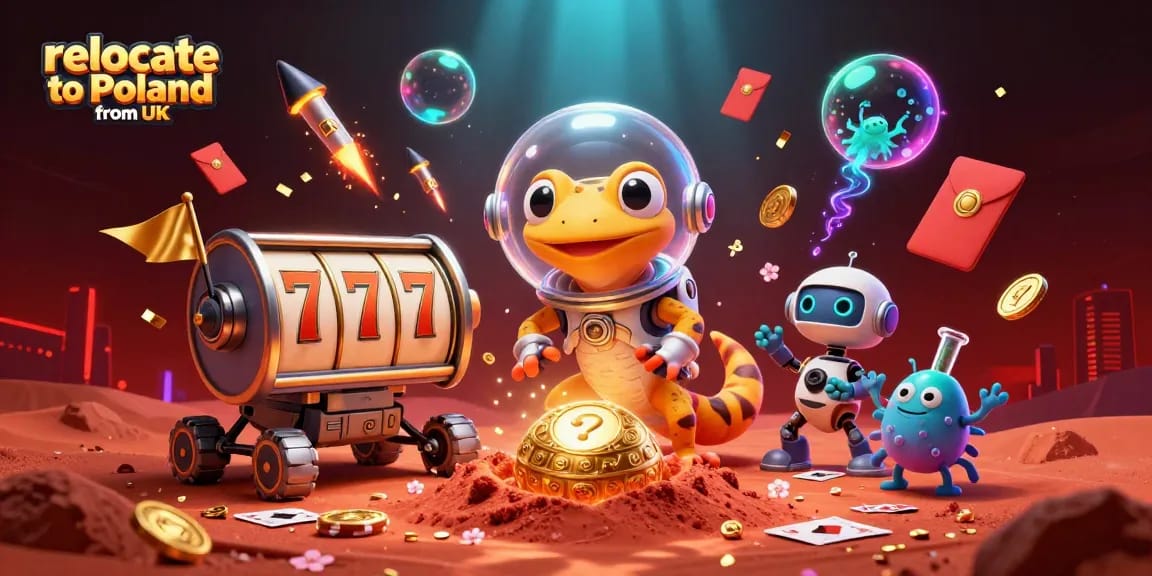 Engage with casino excitement as a Martian gecko finds treasures while relocating to Poland from UK.