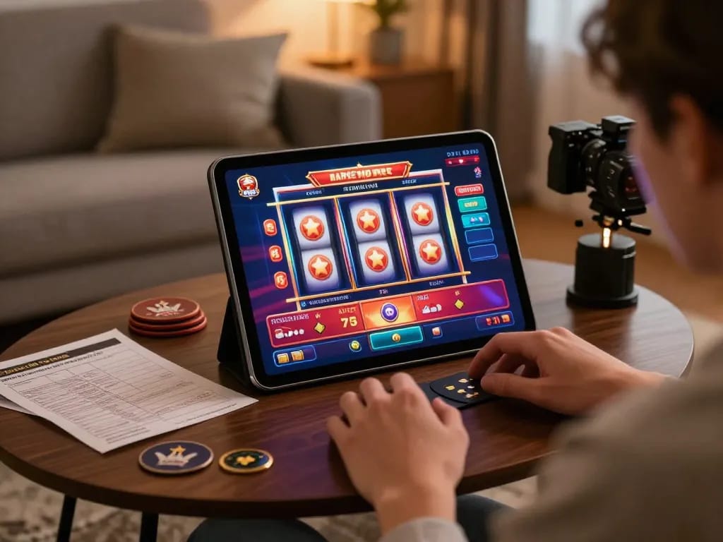 Player enjoying vibrant slot games on 789P tablet, cozy home atmosphere with strategic notes.