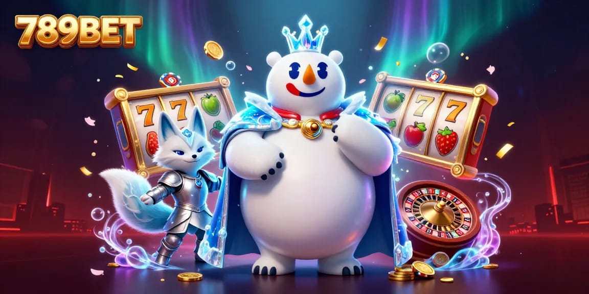 Engage with 789BET as the ice king polar bear and fox companion celebrate gaming wealth with vibrant slots and jewels.