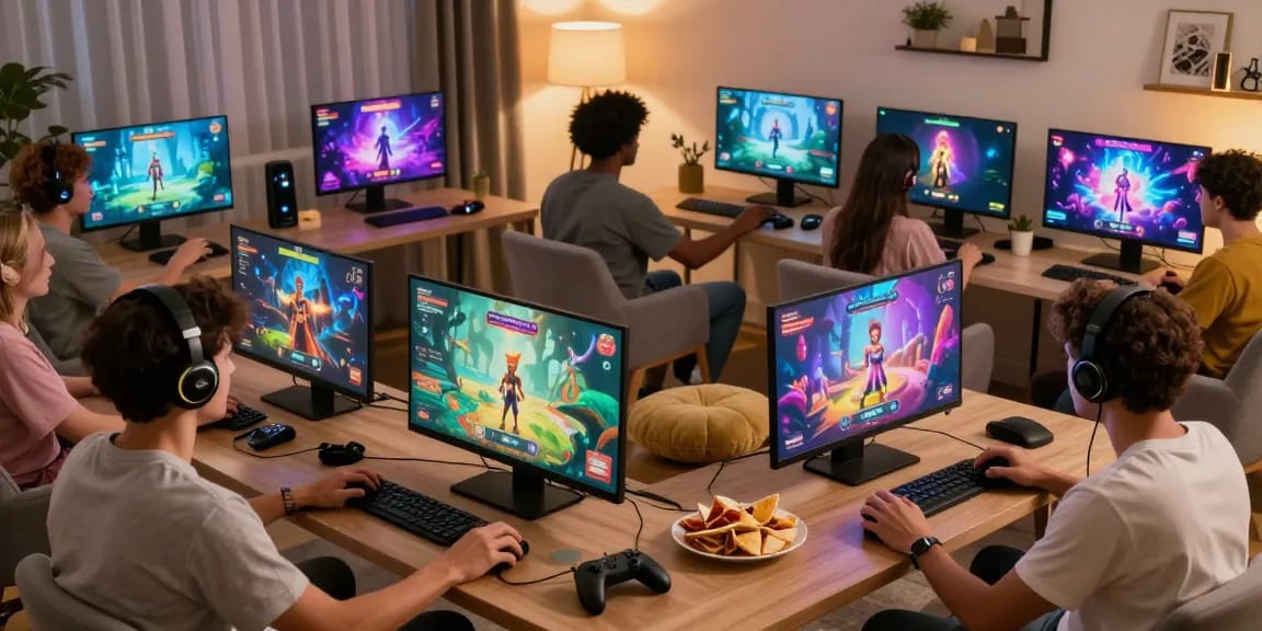 Adults enjoying sex games online in a cozy gaming environment with colorful screens.