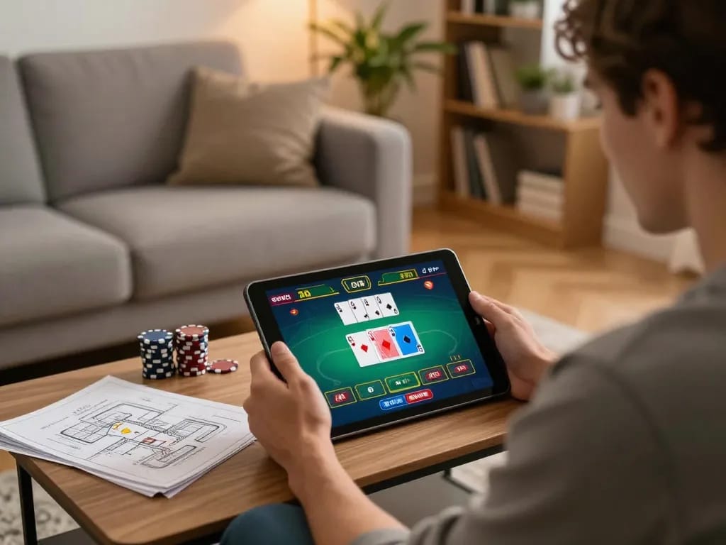 Player enjoying strategic SC88 online poker game from the comfort of home, vibrant display and cozy setting.