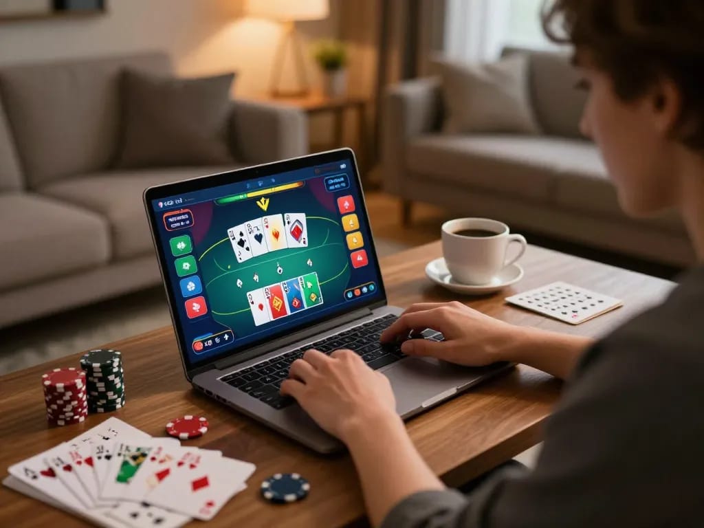 Engaging online poker experience at DH88 with player analyzing bets and strategies