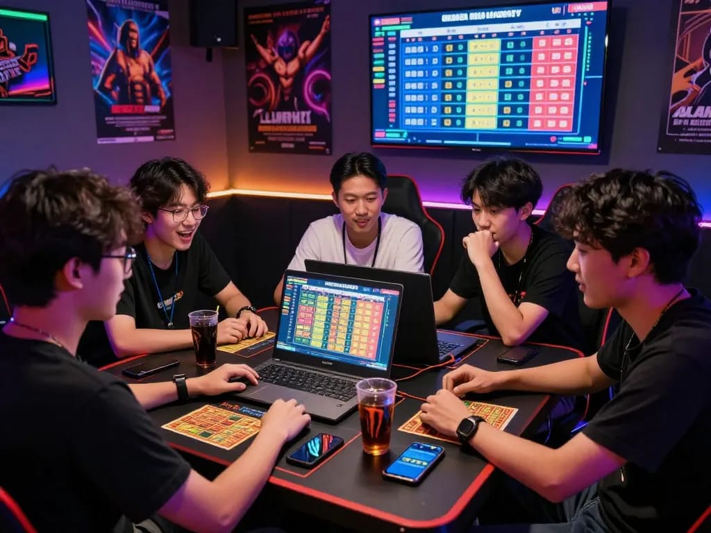 Engaging scene of friends participating in lô đề online betting with laptops and gaming accessories, showcasing excitement and community.