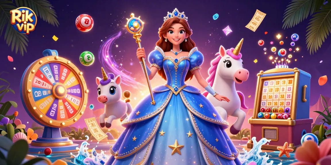 Experience the excitement of Rik vip with vibrant lottery elements and magical casino-themed figures.