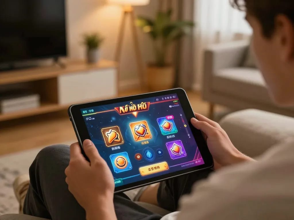 Engaging game nổ hũ action on a tablet, highlighting lively gambling experience.