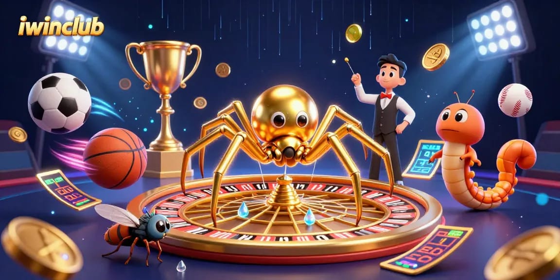 Experience action at iwinclub with a golden spider and sports-themed elements in a dynamic casino scene.