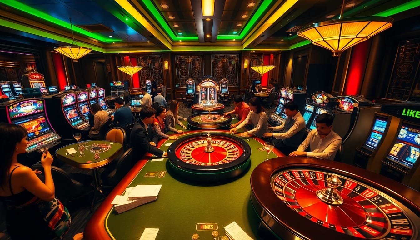 Kuwin 789 offers an exciting casino atmosphere with gamblers at poker tables, spinning roulette wheels, and vibrant slot machines.