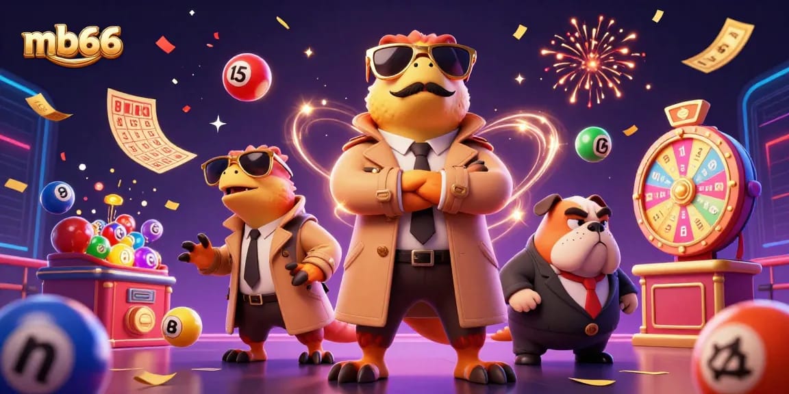 Catch exciting moments with mb66 in a vibrant VIP casino lounge scene filled with lottery balls and prizes.
