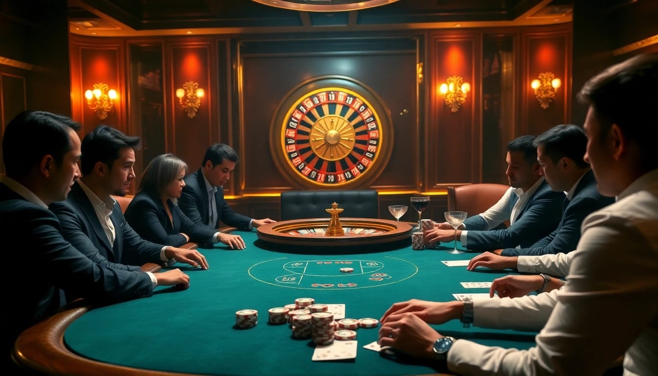 Experience excitement at https://mm88.bar/ with a luxurious casino scene featuring poker and roulette games.