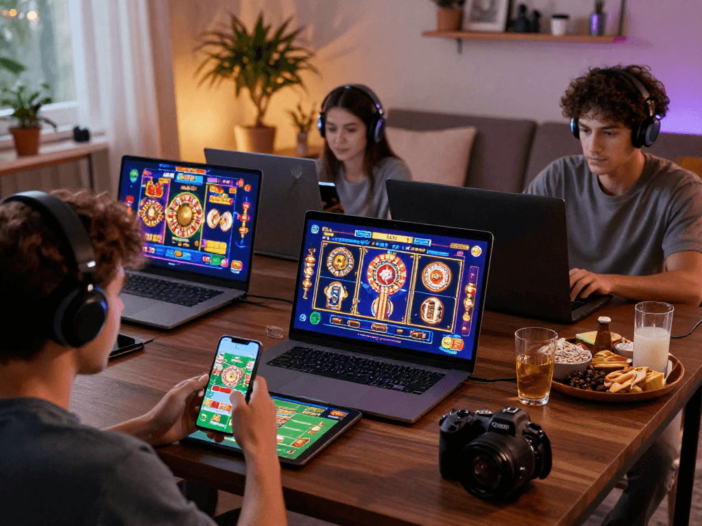 A vibrant virtual casino scene showcasing players engaged in various online games including sports betting and slots; explore trusted options at https://neccr.org.uk.
