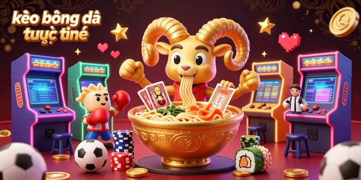 Kèo bóng đá trực tuyến illustration with dynamic sports betting characters in a vibrant casino scene.
