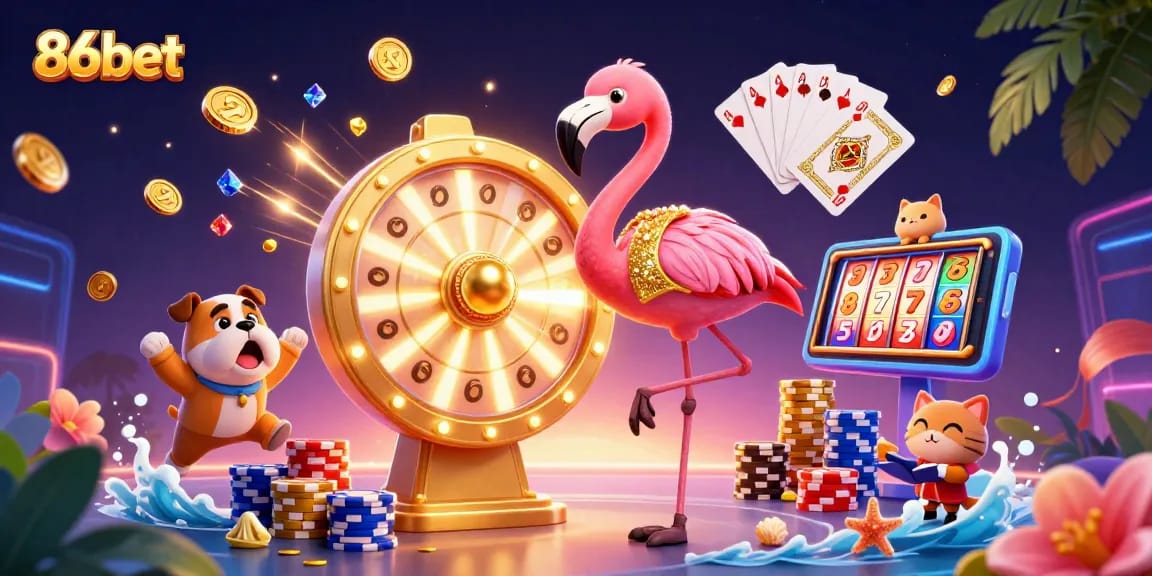 Experience the excitement of 86bet with a colorful 3D casino scene featuring prizes and playful characters.