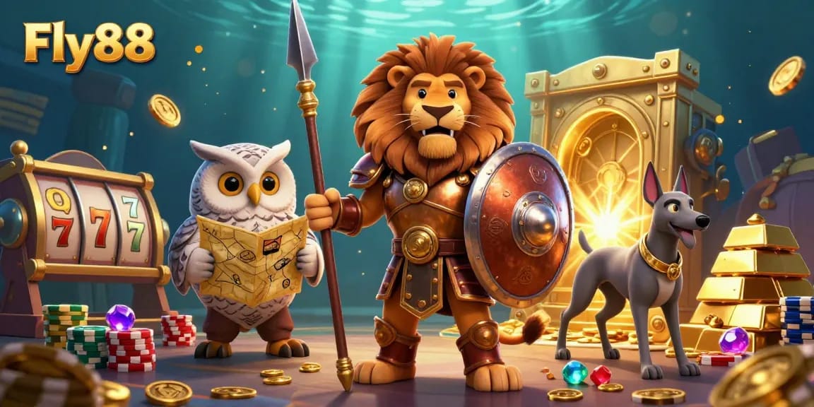 Fly88 showcases an ultra-detailed 3D illustration featuring a Spartan lion, a tactical owl, and a greyhound, surrounded by casino treasures.